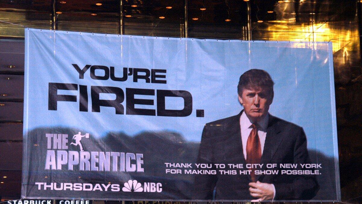 A banner hung at Trump Tower in New York promote’s Donald Trump’s ‘The Apprentice,’ which premiered in 2004. AFP