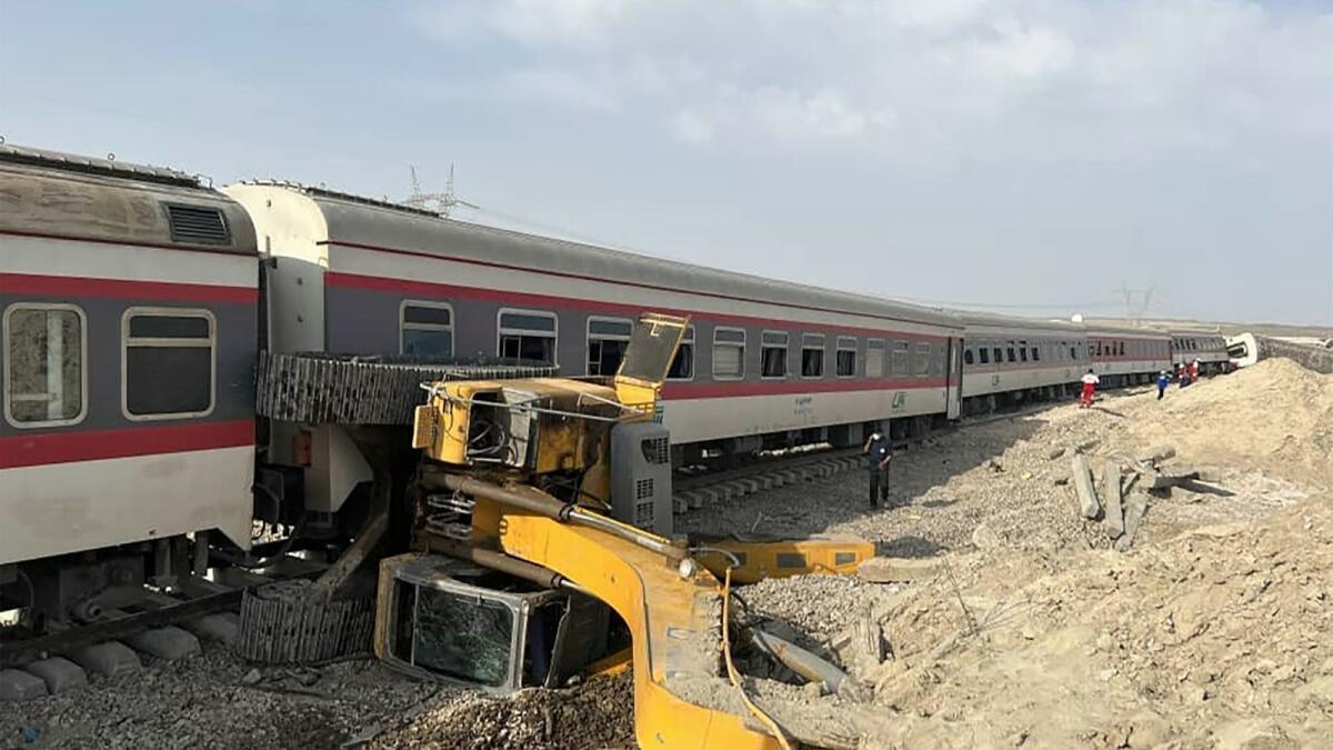 Train derailed after hitting an excavator near the central Iranian city of Tabas, on the line between the cities of Mashhad and Yazd.Photo: AFP