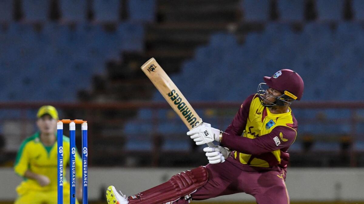 Shimron Hetmyer of West Indies hits a six during the 2nd T20I against Australia. — AFP