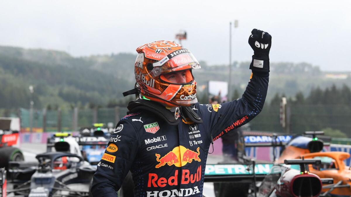 Red Bull's Dutch driver Max Verstappen celebrates taking pole position in at the Belgian Grand Prix. — AFP