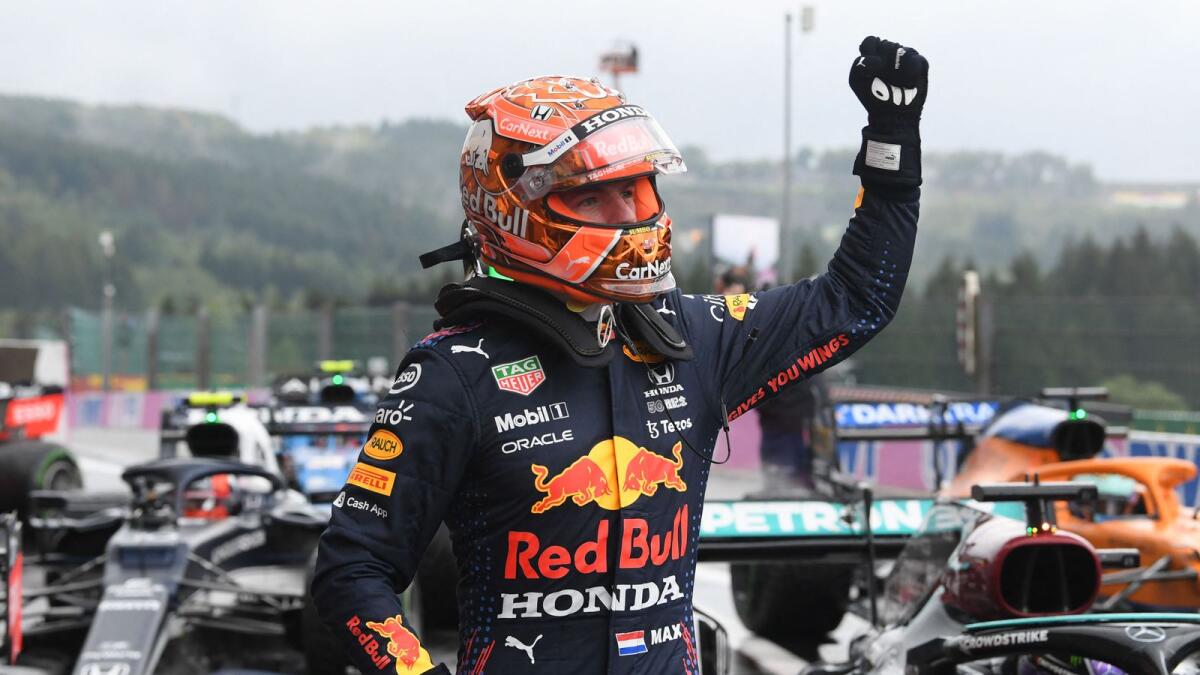 Red Bull's Dutch driver Max Verstappen celebrates taking pole position in at the Belgian Grand Prix. — AFP