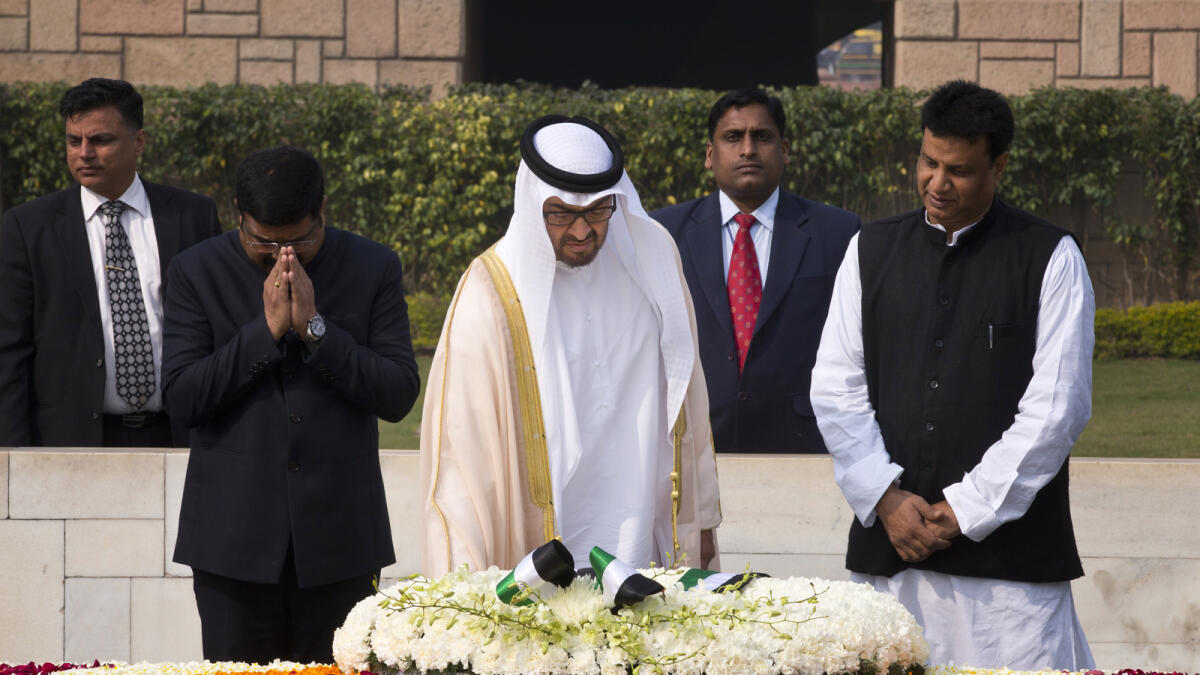 His Highness Shaikh Mohammed bin Zayed Al Nahyan, Crown Prince of Abu Dhabi and Deputy Supreme Commander of the UAE Armed Forces, during a visit to Raj Ghat, the memorial to the father of the Indian nation Mahatma Gandhi, in New Delhi on February 11, 2016.