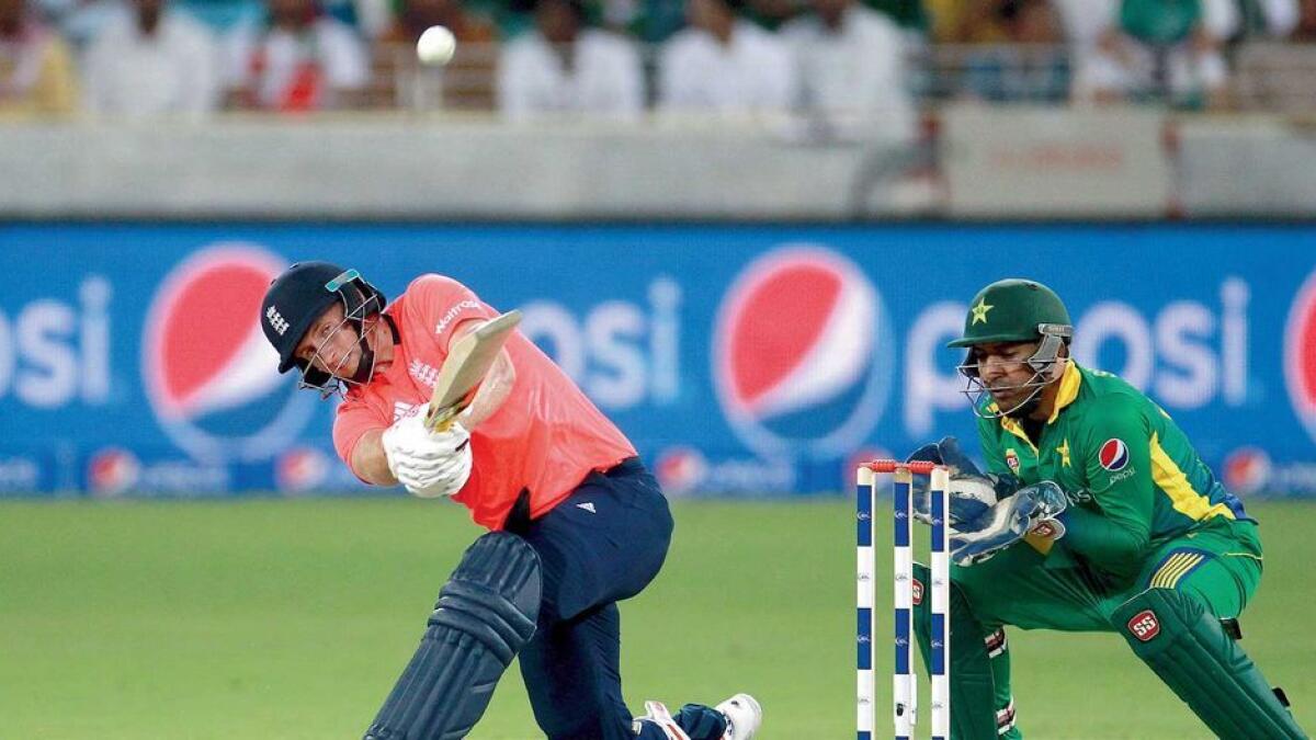 Joe Root plays a shot during the second T20 against Pakistan in Dubai.  