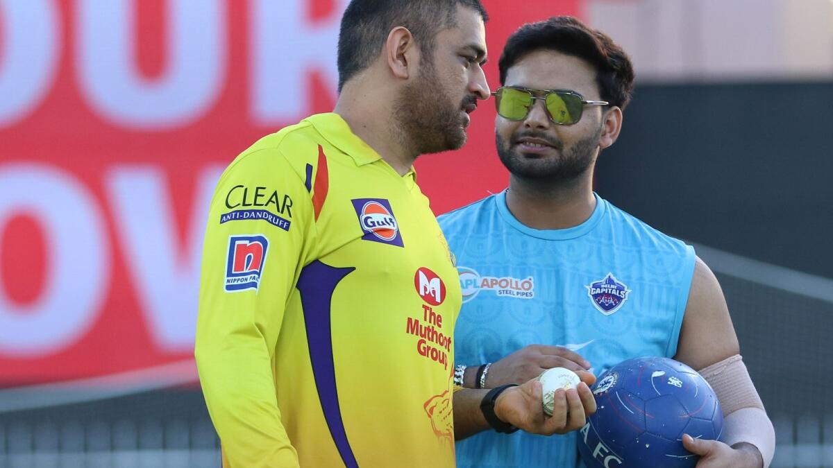 Chennai captain MS Dhoni and Rishabh Pant of the Delhi Capitals during their match at the 2020 IPL at the Sharjah Cricket Stadium. (BCCI)