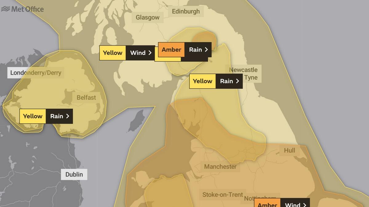 A yellow warning of wind covers the whole of the UK, while an amber warning has been issued for southeast England.(Image: metoffice.gov.u)