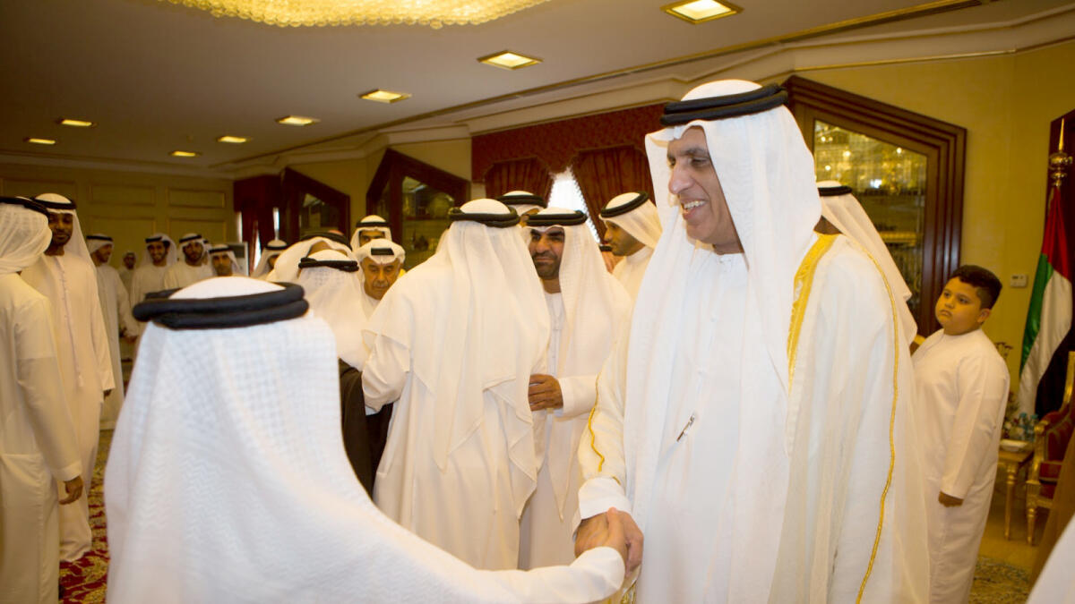 Shaikh Saud bin Saqr receives well-wishers after Eid Al Adha prayers at the Grand Eid Mussala in Al Khuzam, Ras Al Khaimah.