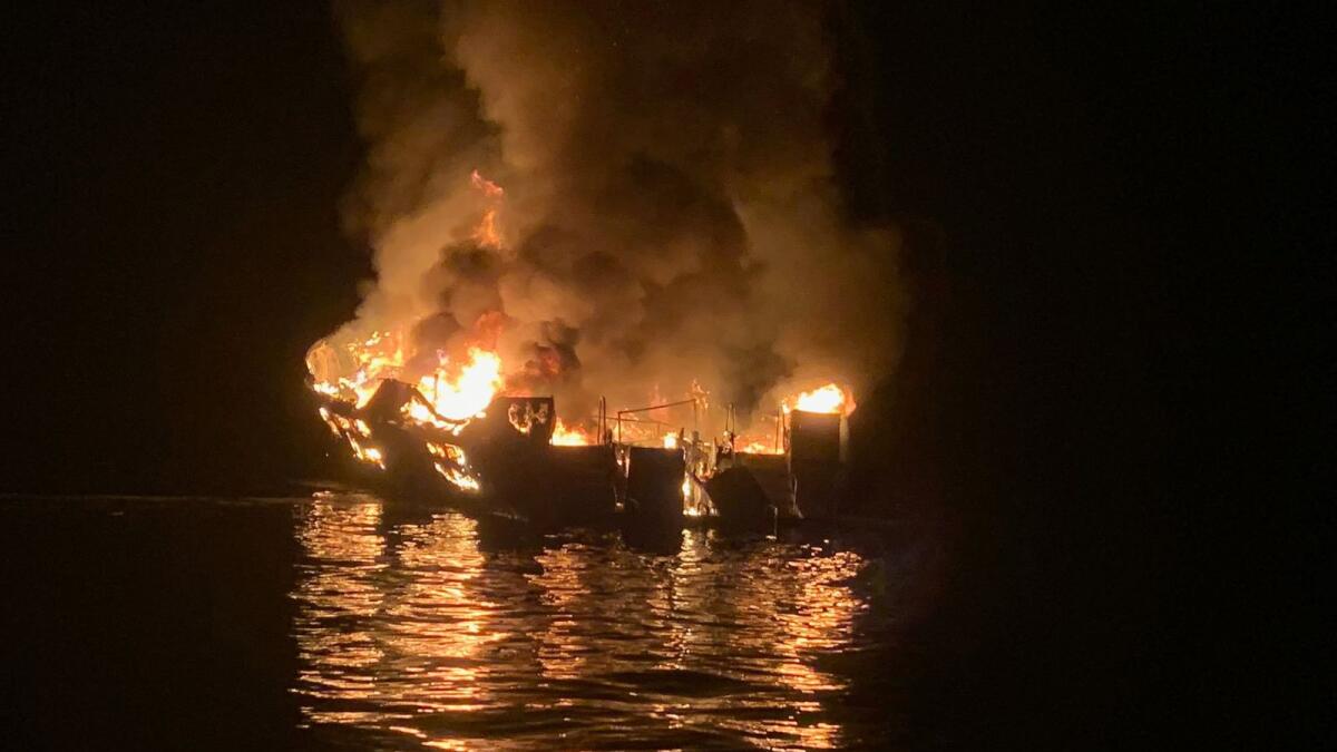 In this file photo taken on September 2, 2019, a boat burns off the coast of Santa Cruz Island, California. Photo: AP