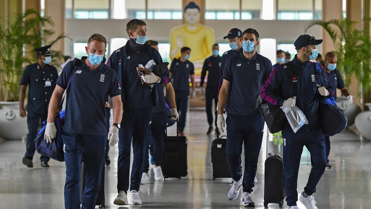 England’s cricket team arrive at the Rajapaksa international airport in Mattala in this picture dated January 3, 2021. The England team returned to Sri Lanka to play two Tests abandoned in March due to the Covid-19 coronavirus pandemic. — AFP