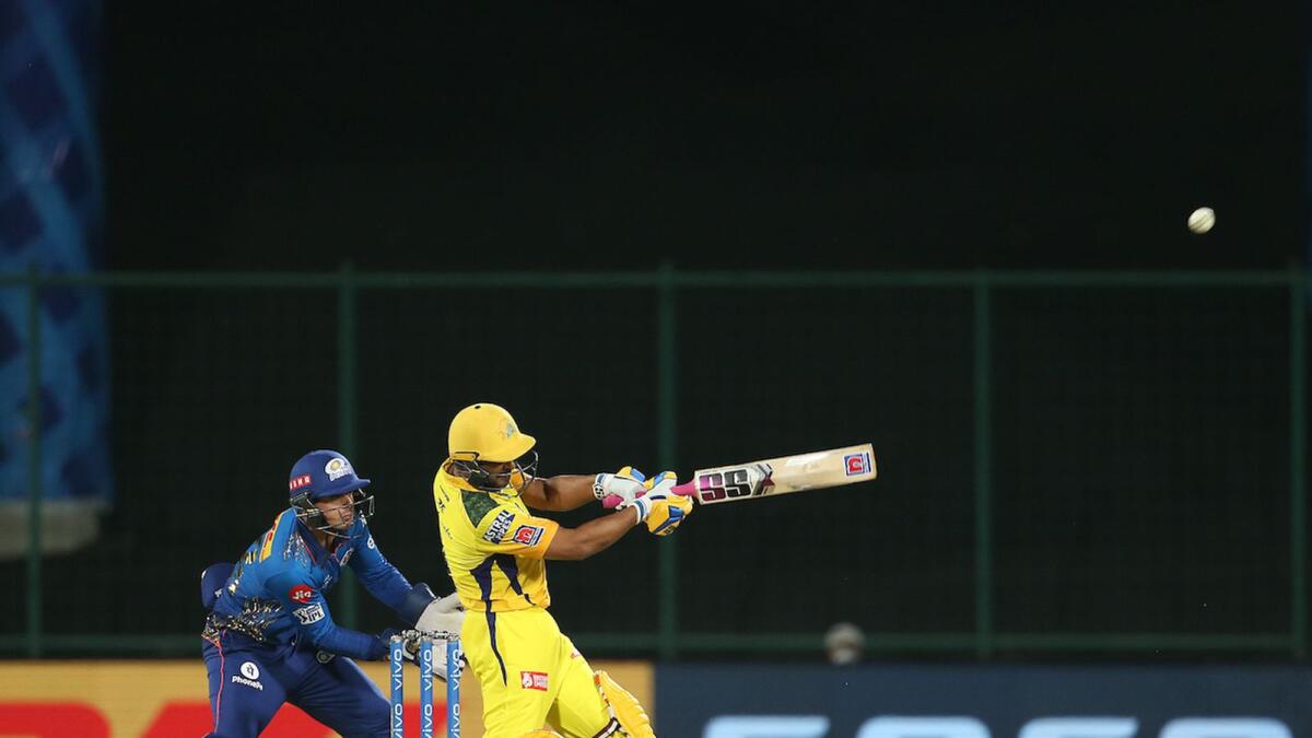 Ambati Rayudu of the Chennai Super Kings hits over the top for a six against the Mumbai Indians in New Delhi on Saturday night. — BCCI/IPL