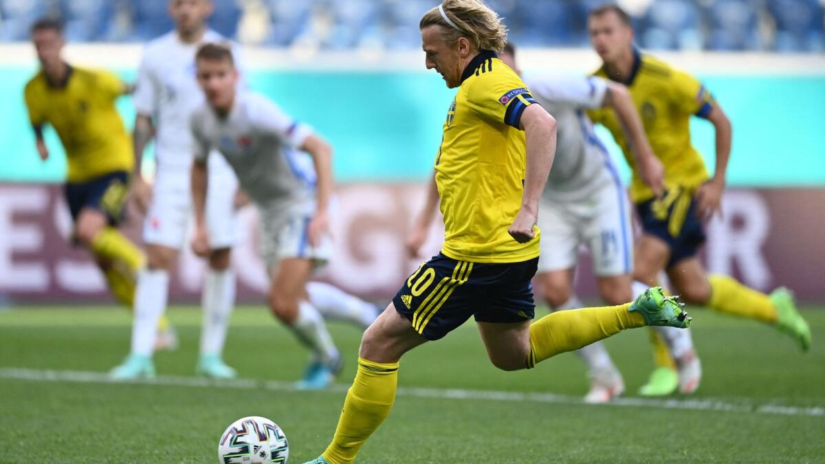 Sweden's Emil Forsberg takes a penalty during the match against Slovakia. (AFP)