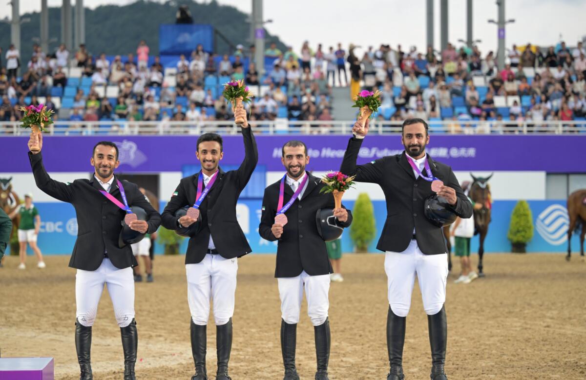 Members of the UAE national equestrian team celebrate. — X
