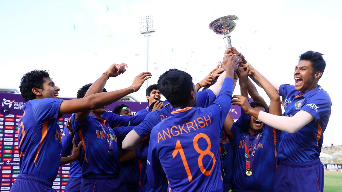 Indian players celebrate after winning the Under 19 World Cup. (ICC Twitter)