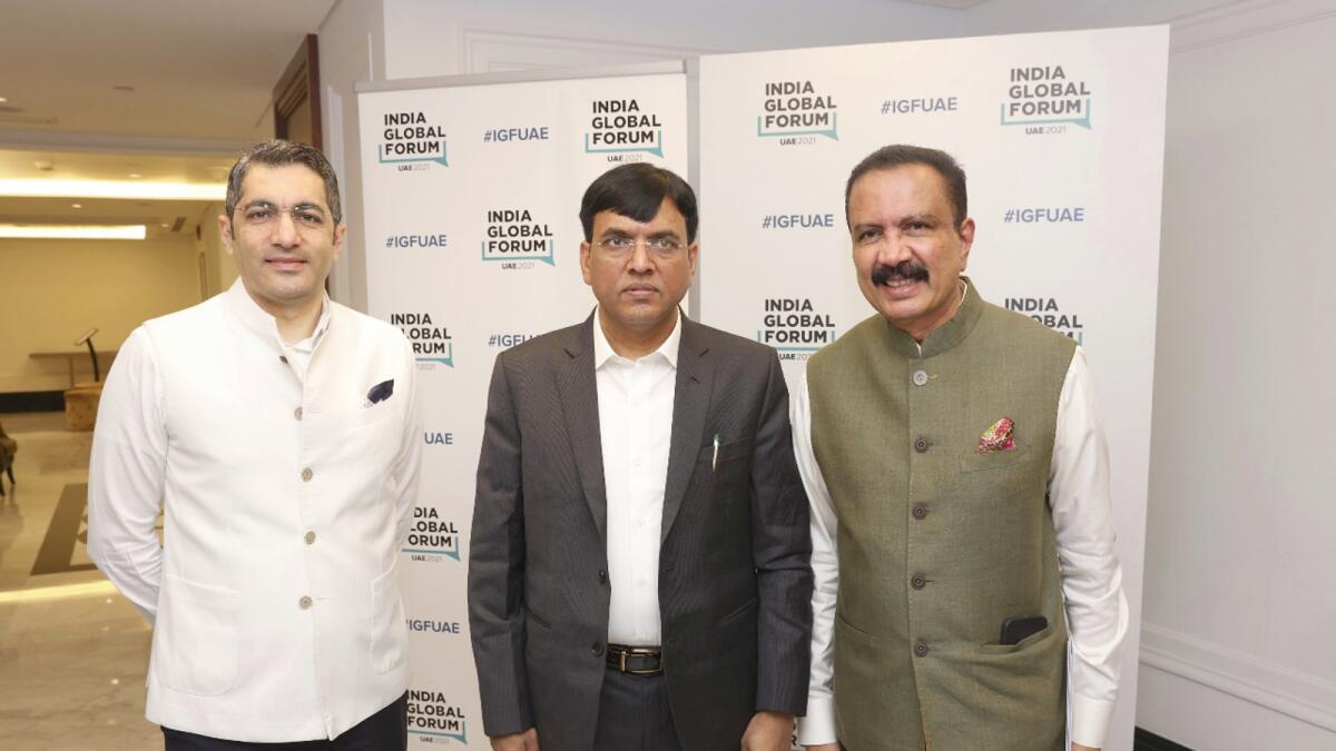 Dr. Azad Moopen with India’s Minister of Health and Family Welfare Dr. Mansukh Mandaviya and Dr. Aman Puri, Consul General of India in Dubai. Supplied photo