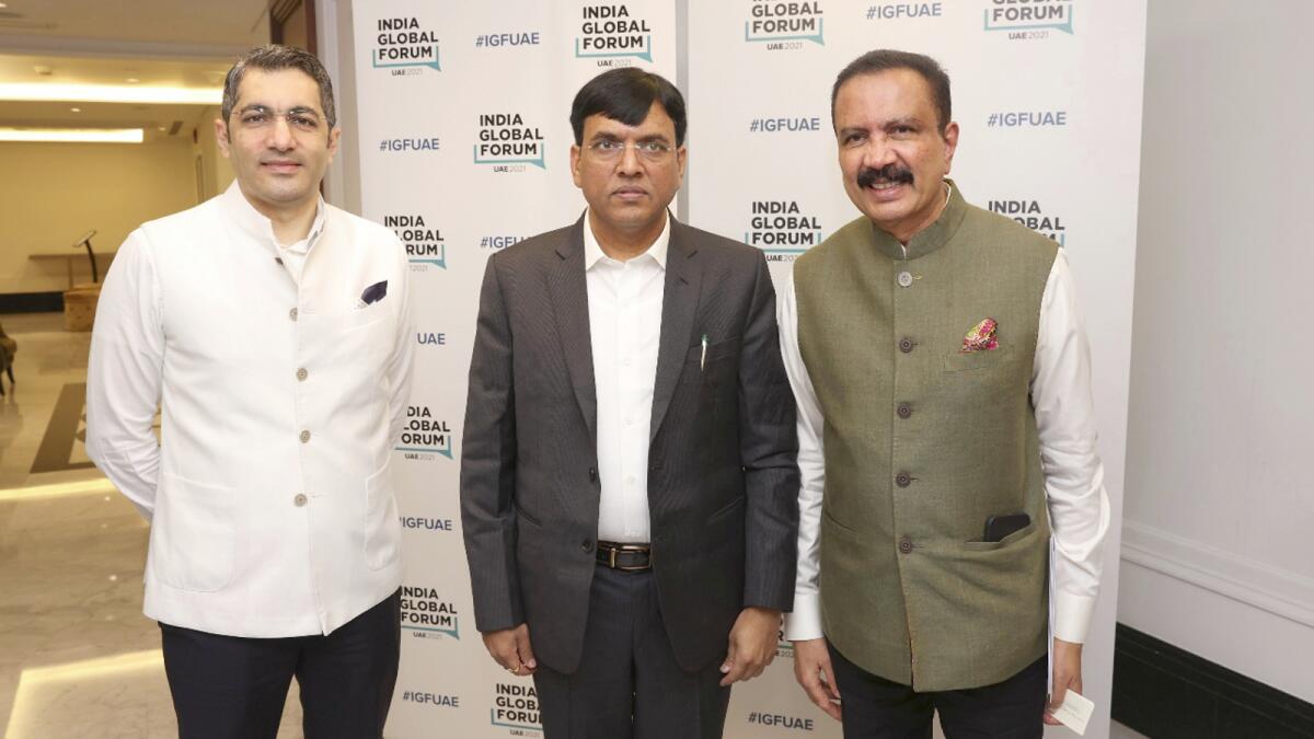 Dr. Azad Moopen with India’s Minister of Health and Family Welfare Dr. Mansukh Mandaviya and Dr. Aman Puri, Consul General of India in Dubai. Supplied photo