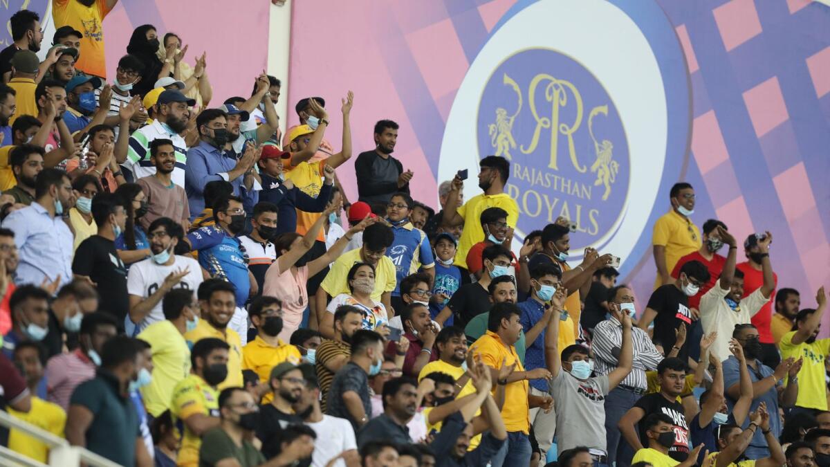 Fans during the IPL match between CSK and MI at the Dubai International Cricket Stadium on Sunday. (BCCI)