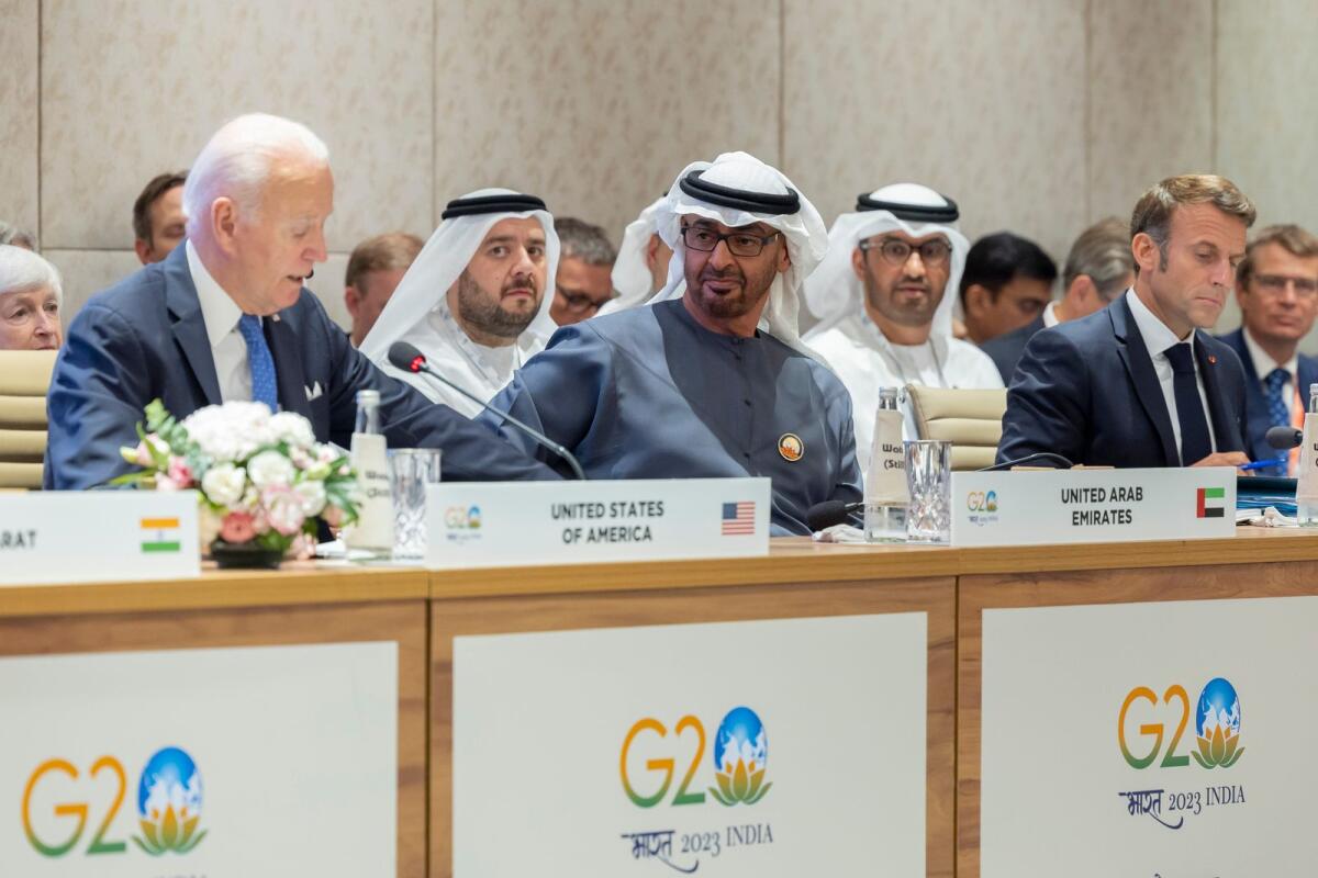 Sheikh Mohamed bin Zayed attends India-Middle East-Europe Economic Corridor, on the sidelines of the G20 Summit, New Delhi at IECC Convention Centre. Photo: UAE Presidential Court