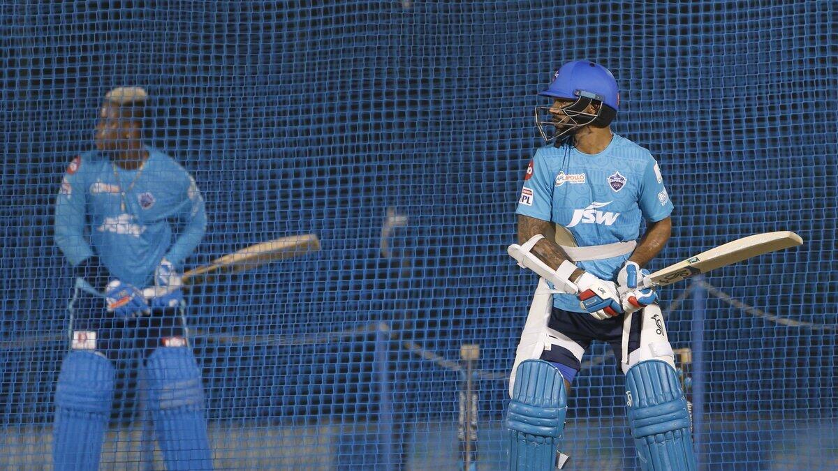 Delhi Capitals opener Shikhar Dhawan bats in the nets during a practice session. - Delhi Capitals Twitter