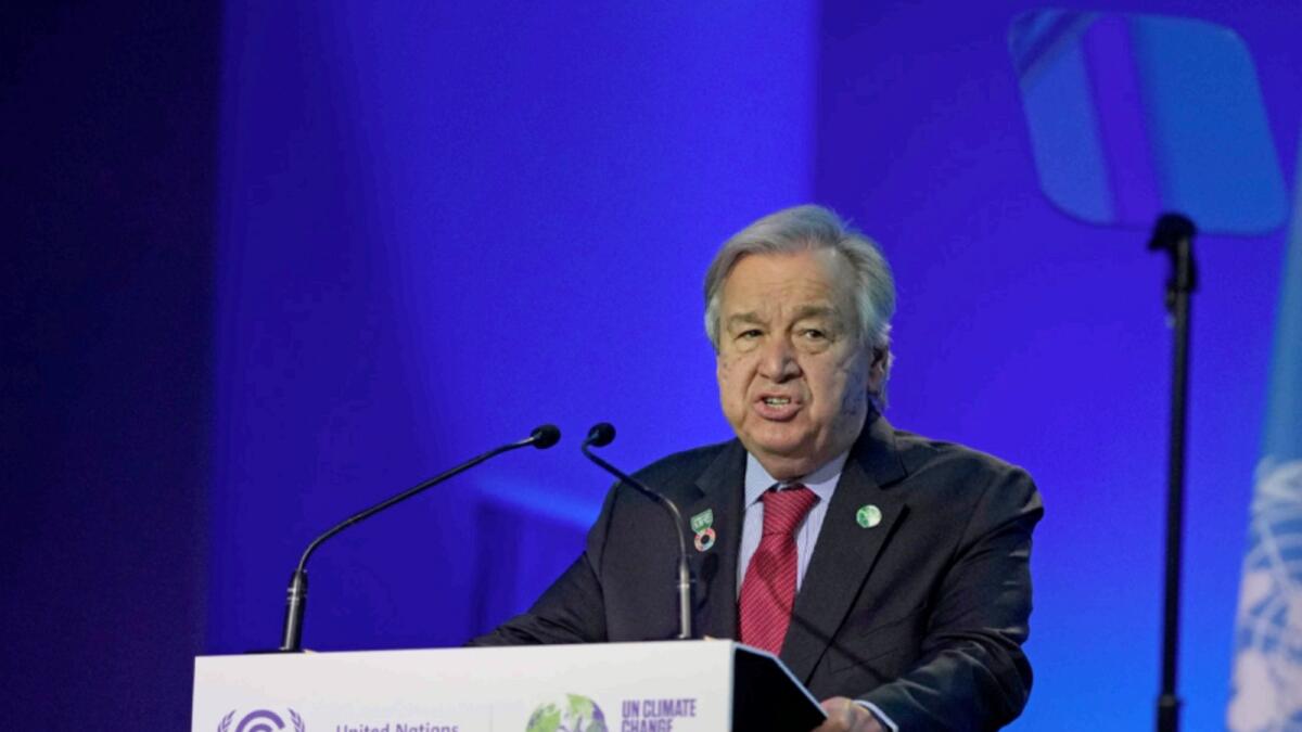 UN Secretary-General Antonio Guterres speaks at the COP26 UN Climate Summit in Glasgow. — AP