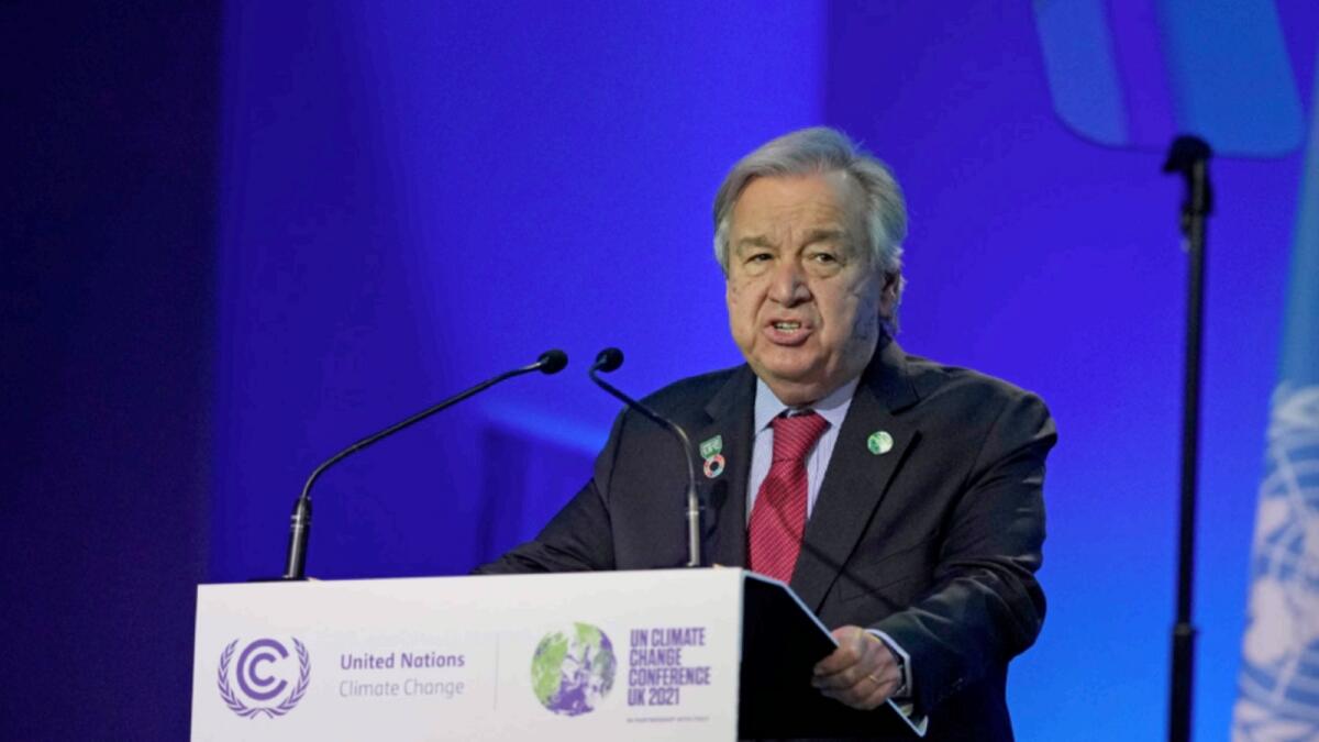 UN Secretary-General Antonio Guterres speaks at the COP26 UN Climate Summit in Glasgow. — AP