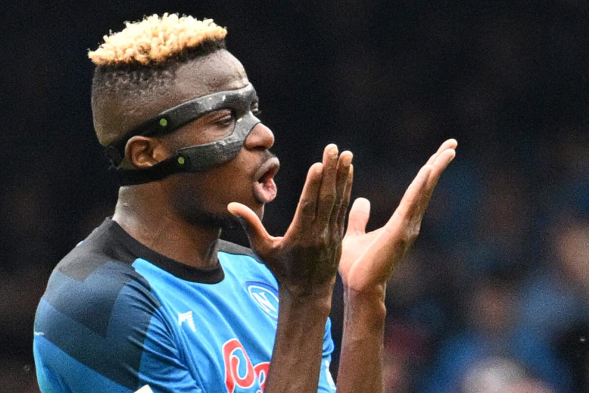 Napoli's Victor Osimhen reacts at the end of the match. — AFP
