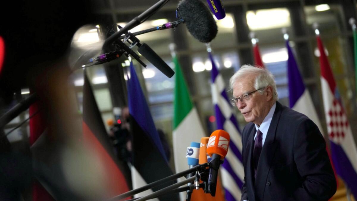 European Union foreign policy chief Josep Borrell speaks with the media as he arrives for a meeting of EU foreign ministers at the European Council building in Brussels. — AP