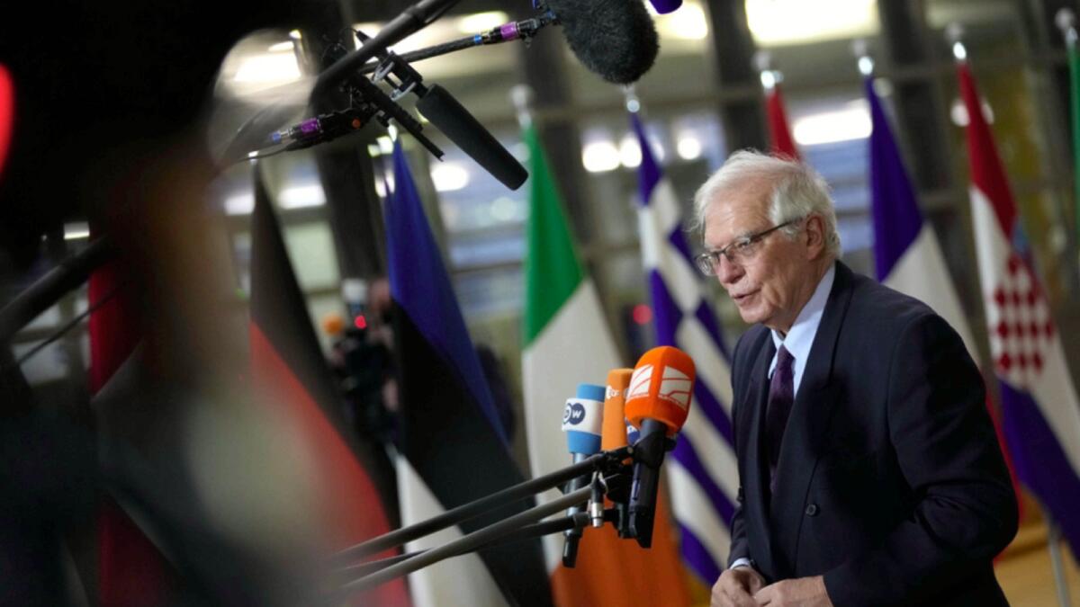 European Union foreign policy chief Josep Borrell speaks with the media as he arrives for a meeting of EU foreign ministers at the European Council building in Brussels. — AP