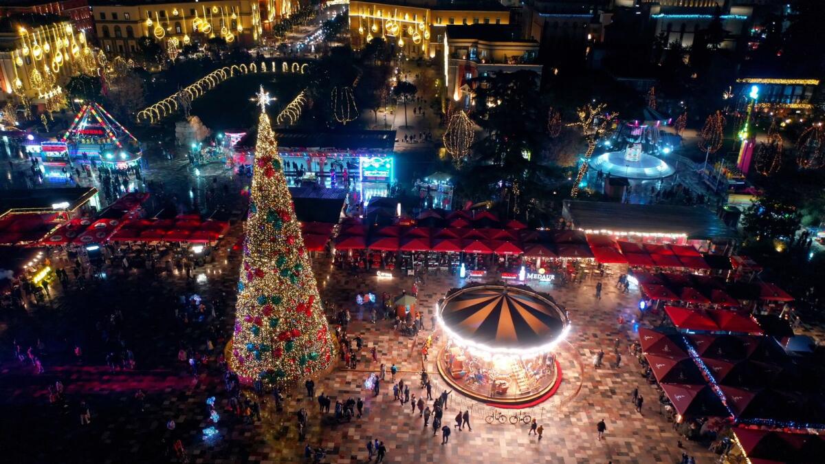 Aerial view of Skanderbeg Square in Tirana, lit with Christmas decorations in 2021. Photo: AFP