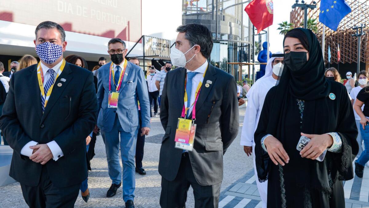Francisco Andre with Reem bint Ibrahim Al Hashemy and other officials at Expo 2020 Dubai. — Wam