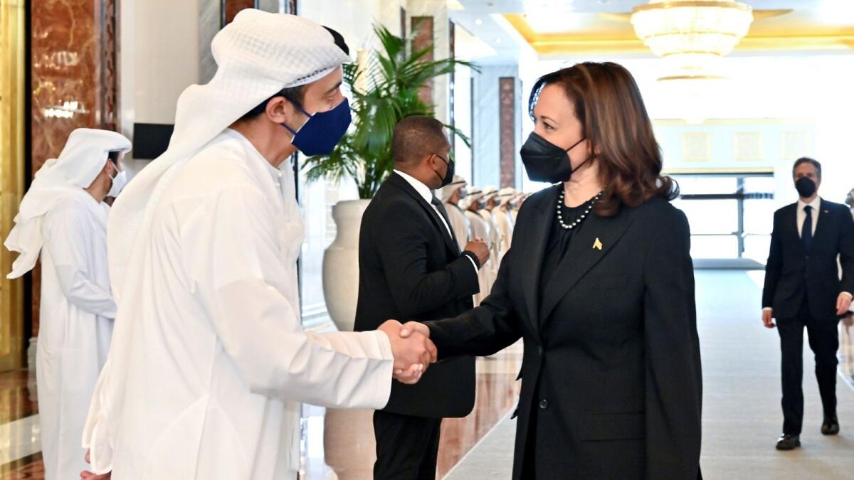 US Vice President Kamala Harris offering condolences to Sheikh Abdullah bin Zayed al-Nahyan (L) UAE Minister of Foreign Affairs and International Cooperation. Photo: AFP