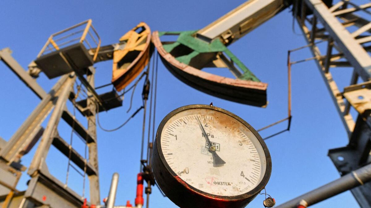 A pressure gauge near oil pump jacks outside Almetyevsk in the Republic of Tatarstan, Russia. — Reuters