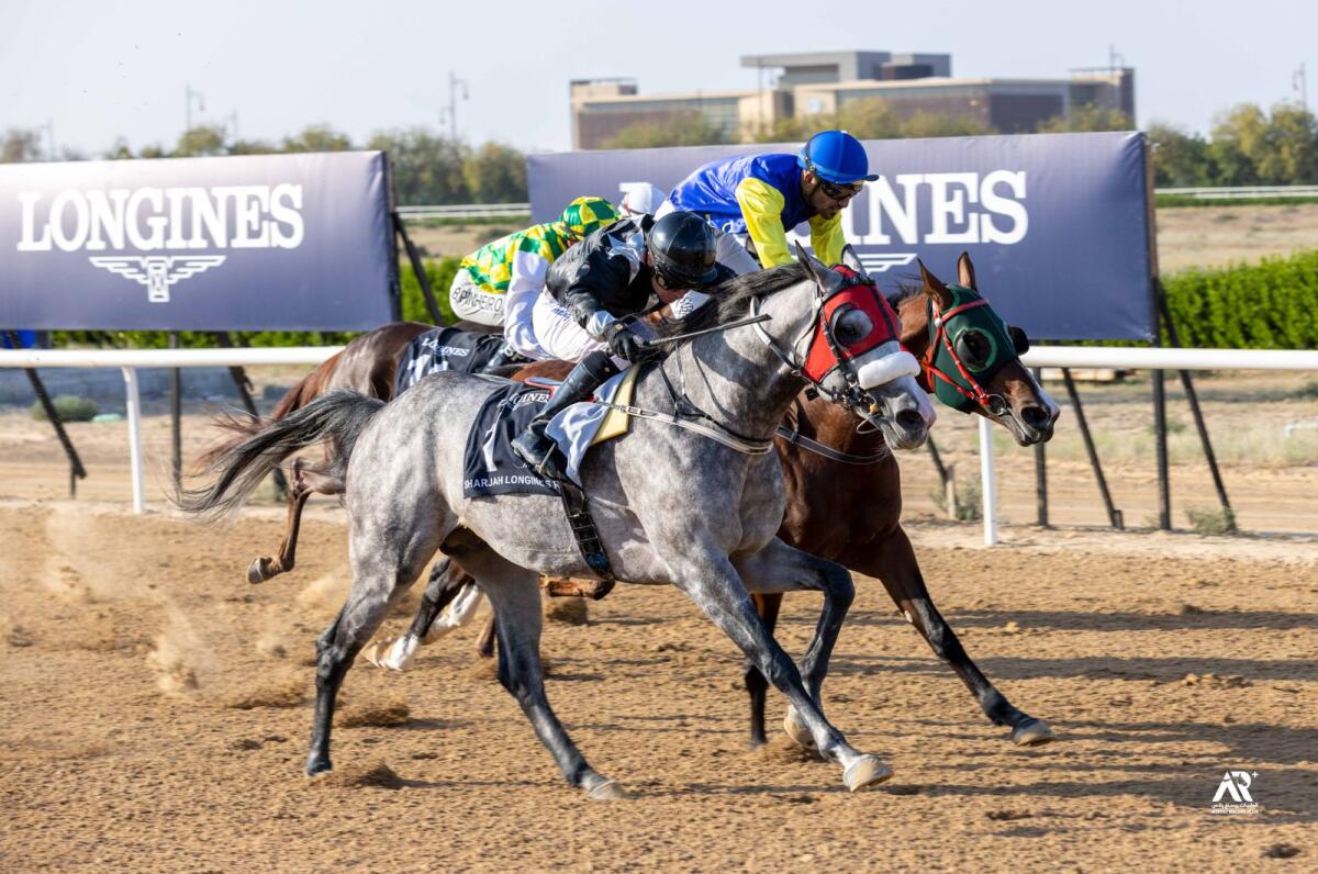 Af Maqam and Tadhg O'Shea (left) winning the HH The Ruler of Sharjah Cup at the Sharjah Equestrian &amp; Racing Club on Sunday. — Photo by DHRIC