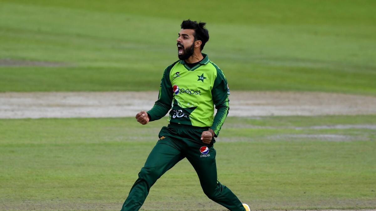 Shadab Khan sustained a thigh injury during Tuesday’s final Twenty20 match in Napier. (AP)