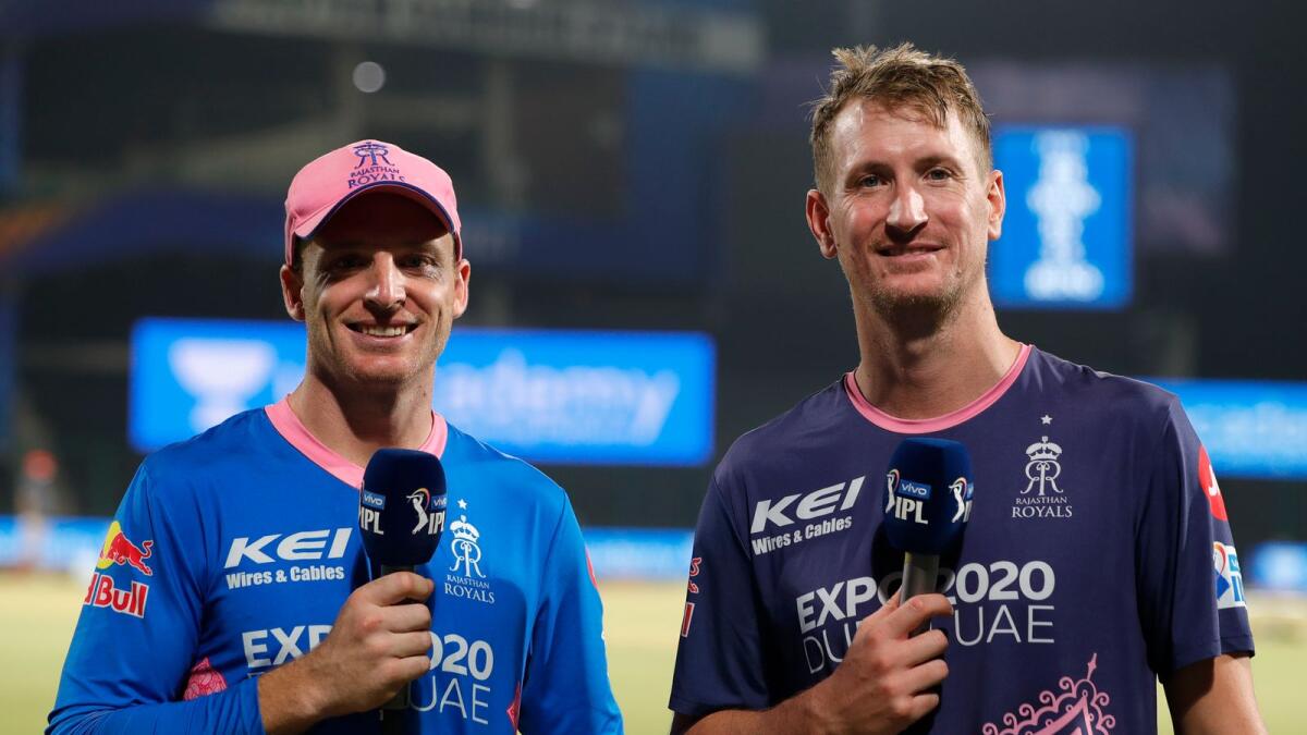 Jos Buttler of the Rajasthan Royals with teammate Chris Morris. (BCCI)