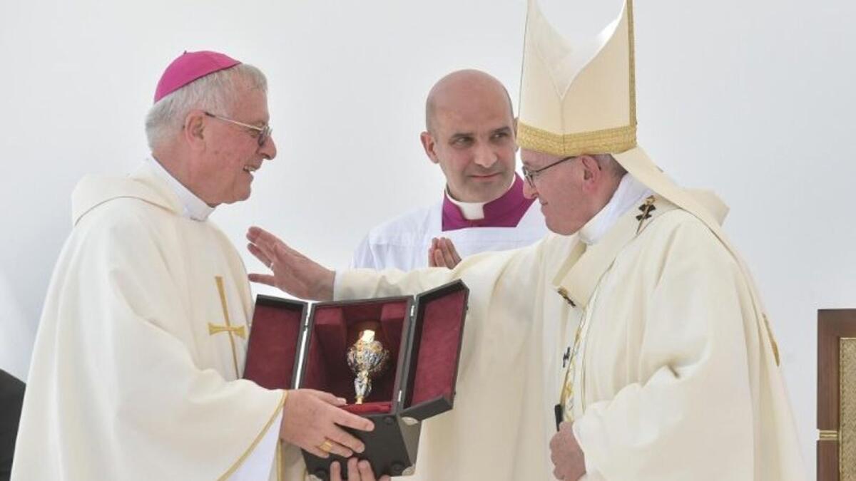 Pope Francis with Bishop Hinder in Abu Dhabi. (Vatican Media)