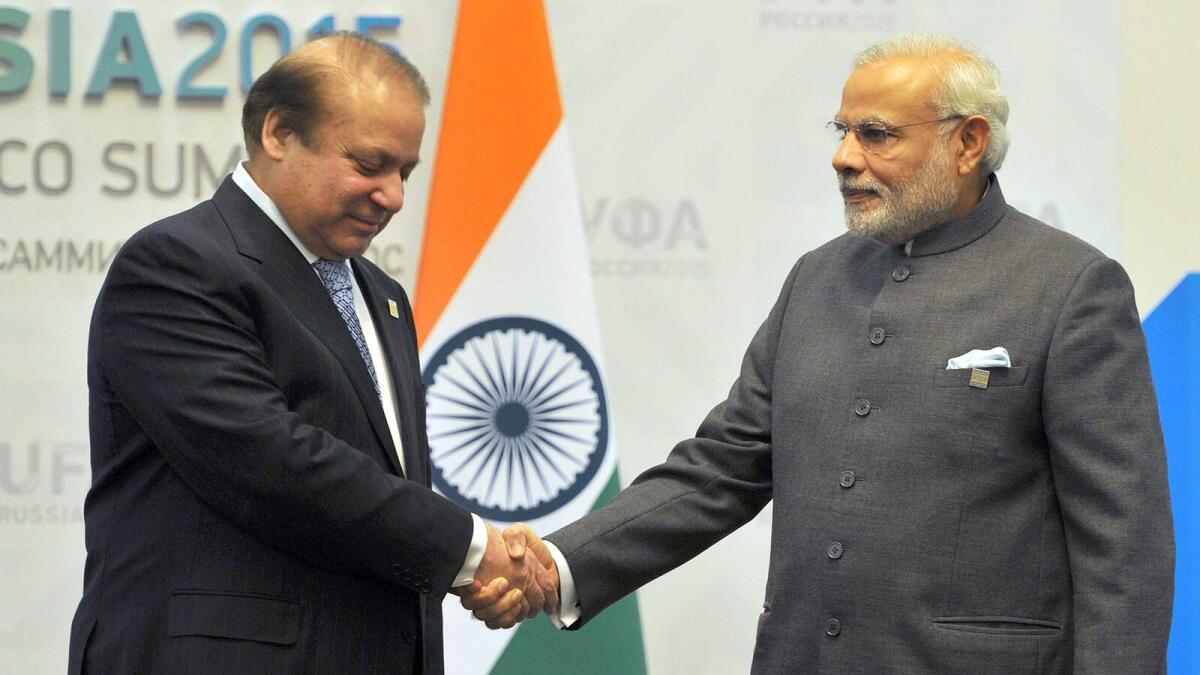 India's Prime Minister Narendra Modi (R) shakes hands with Pakistan Prime Minister Nawaz Sharif ahead of a meeting in Ufa on the sidelines of the BRICS emerging economies summit in Russia. AFP Photo
