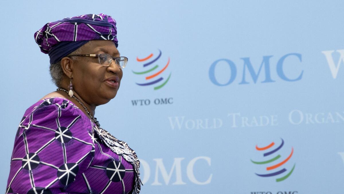 World Trade Organisation director-general Ngozi Okonjo-Iweala attends a news conference in Geneva on October 5, 2022. She said that that risks for next year's forecast were more on the downside. — Reuters 