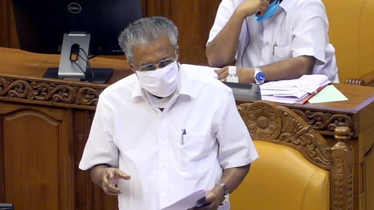 Kerala Chief Minister Pinarayi Vijayan moves a resolution against the federal government’s farm laws in the state assembly in Thiruvananthapuram.