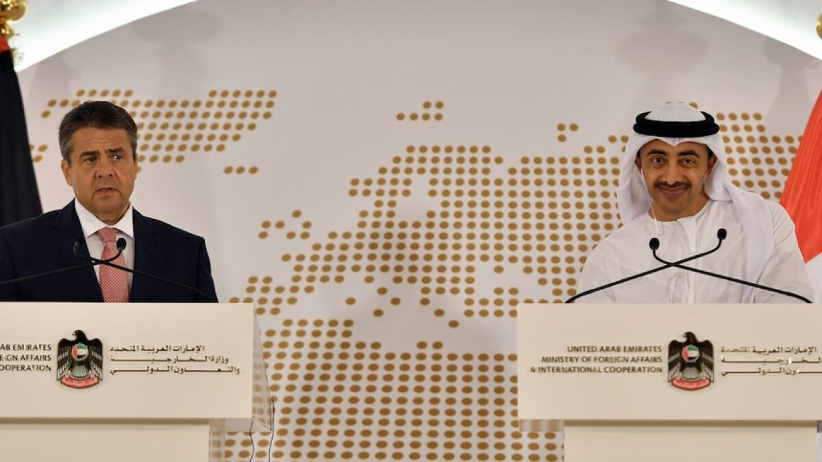 UAE Minister of Foreign Affairs and International Cooperation Abdullah bin Zayed Al Nahyan (right) with German Foreign Minister Sigmar Gabriel