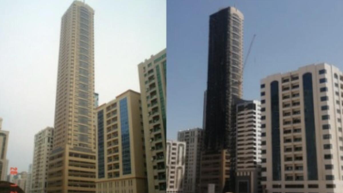 Before and after combo photo of Sharjah Al Nahda's Abbco Tower that went up in flames on Tuesday night.