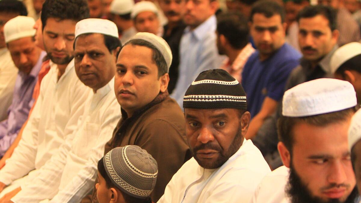 The faithful offer Eid prayers at Al Karama Mosque in Dubai. Photo by Neeraj Murali/Khaleej Times