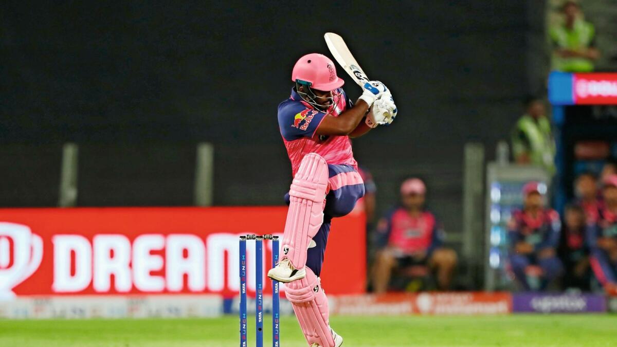 Brutal assault: Rajasthan Royals skipper Sanju Samson plays a shot against Sunrisers Hyderabad in Pune on Tuesday night. — BCCI