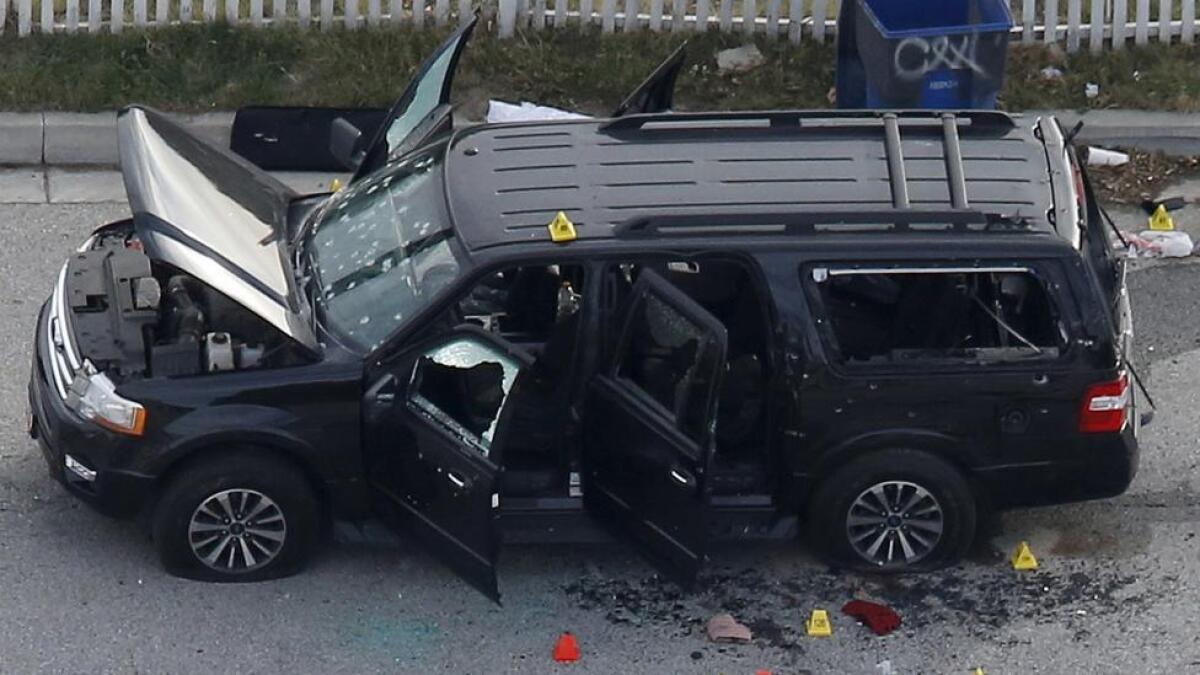 The remains of a rented SUV involved in the attack is shown in San Bernardino, California.
