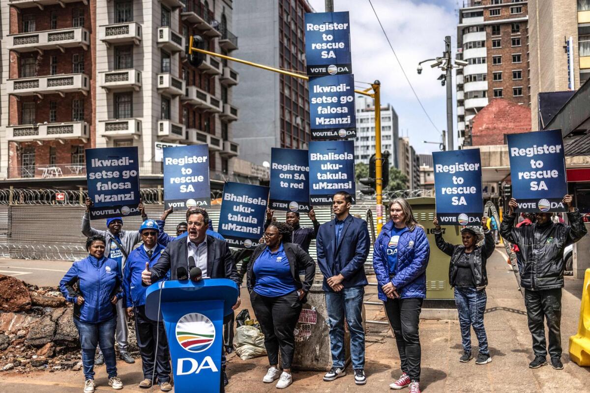 Leader of the South African opposition party Democratic Alliance (DA) John Steenhuisen, speaks during the unveiling of the first election posters ahead of South Africa presidential vote in 2024, in Johannesburg, on October 02, 2023. — AFP