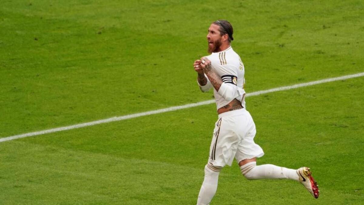 Real Madrid's Sergio Ramos celebrates scoring (Reuters)