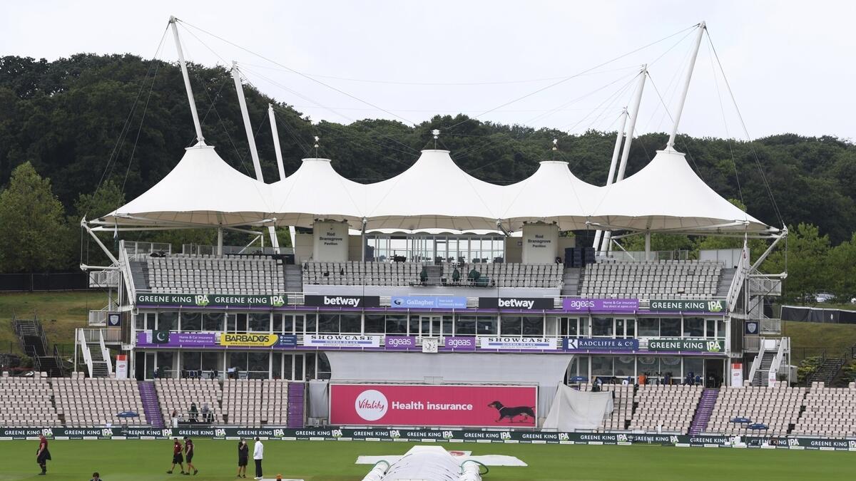 The pitch area is seen covered ahead of the fifth day of the second cricket Test match between England and Pakistan