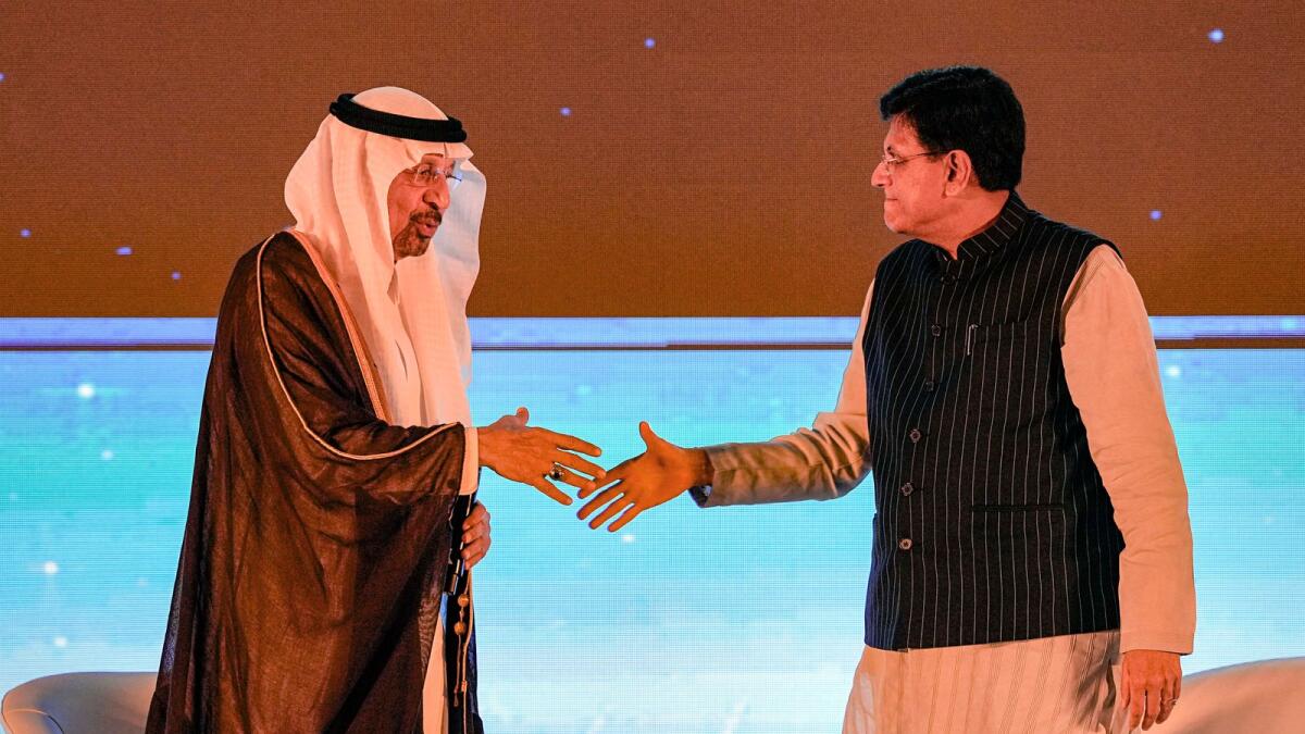 Union Minister for Commerce and Industry Piyush Goyal with Saudi Arabia's Minister of Investment Khalid Al Falih during the 'India-Saudi Investment Forum', in New Delhi. — PTI