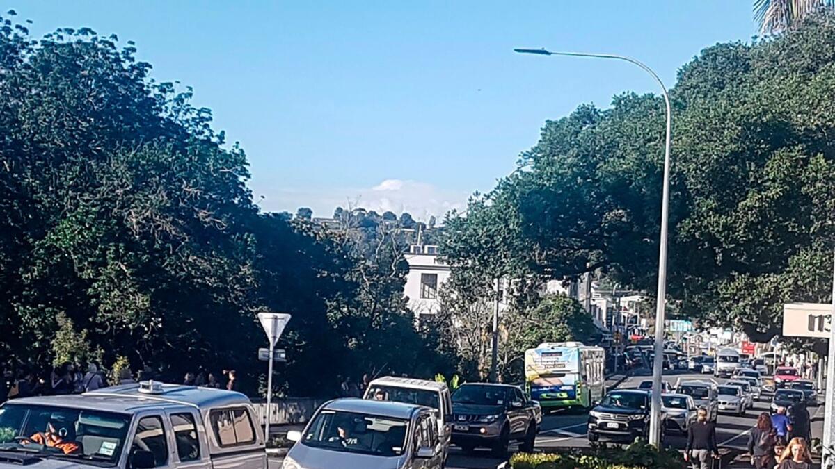 Traffic slowly works up to high ground at Whangarei, New Zealand, as a tsunami warning is issued on Friday, March 5, 2021.- AP
