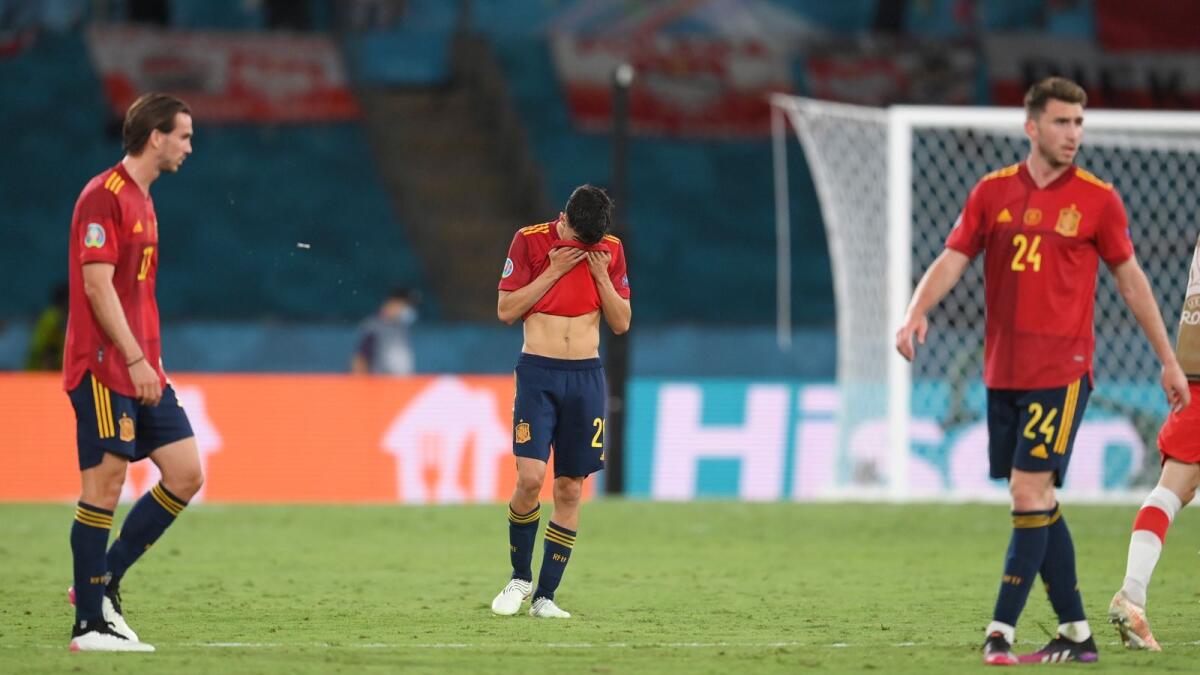 Spain's Pedri (centre) reacts after the Euro 2020 championship group E match against Poland at La Cartuja stadium in Seville. — AP