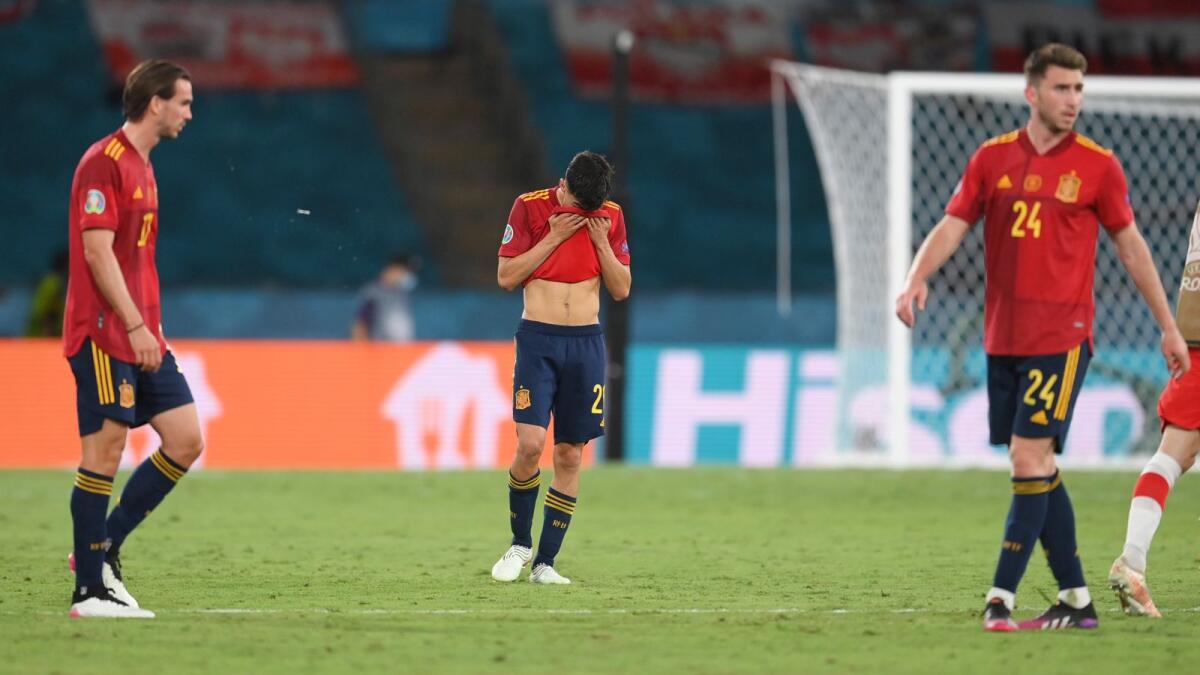 Spain's Pedri (centre) reacts after the Euro 2020 championship group E match against Poland at La Cartuja stadium in Seville. — AP