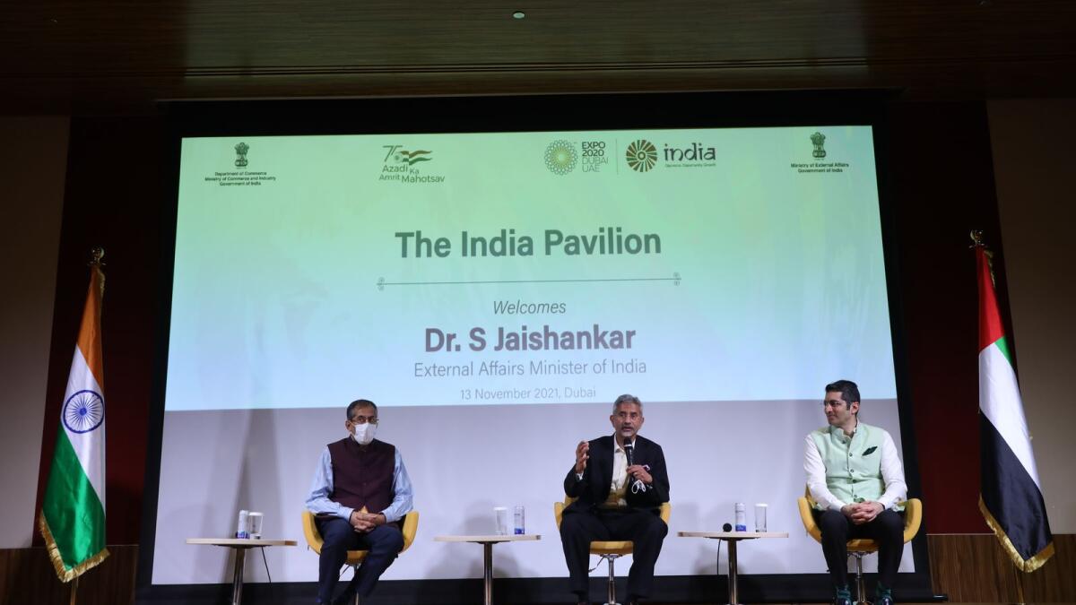 Dr Jaishankar addressing media at the India Pavilion at Expo 2020 and commended the efforts which led to three lakh footfalls in the pavilion in 43 days since its inauguration on October 1. — Supplied photo